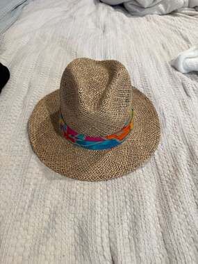 Marcia Vintage Straw Fedora Hat with Colorful Abstract Floral Band